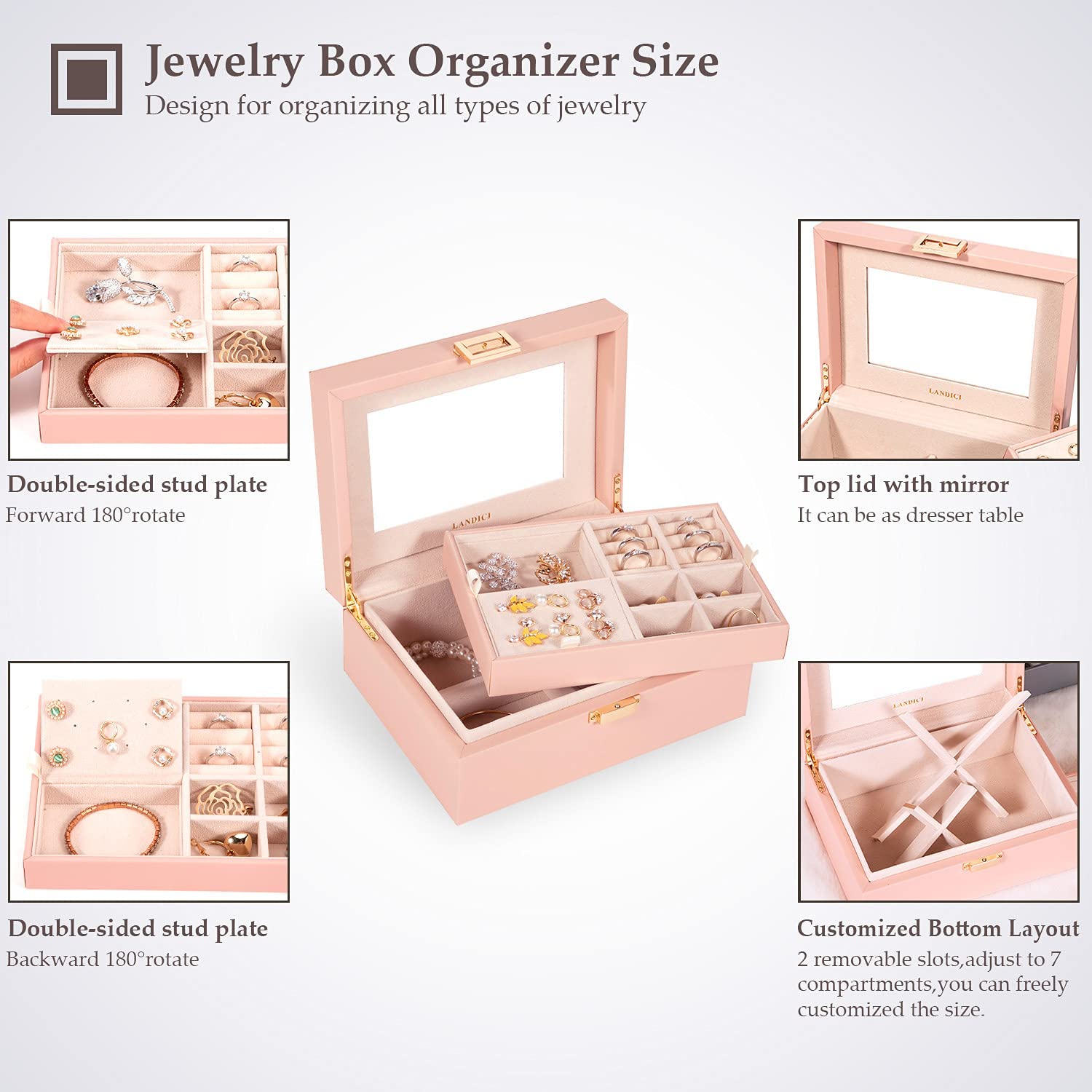 LANDICI Jewelry Organizer Box for Women Teen Girls,Large Jewelry Storage Case with Mirror,2 Layer Removable Stackable Tray,Leather Jewellery Display Holder for Ring Necklace Earring Bracelets,Grey - Image 4